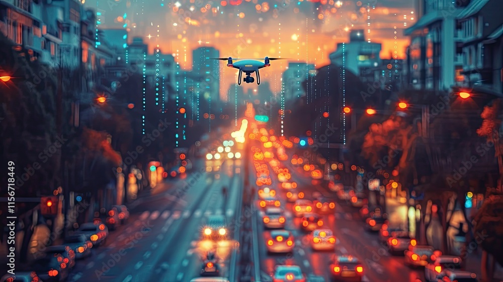 flat design, Streets with drones, self-driving cars, and solar panels flat design, Streets with drones, self-driving cars, and solar panels