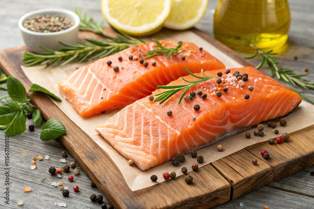Salmon food. Fresh salmon with spices and herbs. On rustic background. Salmon food. Fresh salmon with spices and herbs. On rustic background.