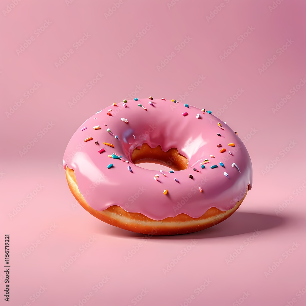 A pink donut with sprinkles on a pink background. A pink donut with sprinkles on a pink background.