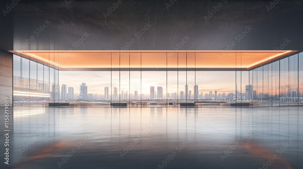 Empty modern, spacious, contemporary hall with city views. Large windows showcasing a cityscape at sunrise. Empty modern, spacious, contemporary hall with city views. Large windows showcasing a cityscape at sunrise.