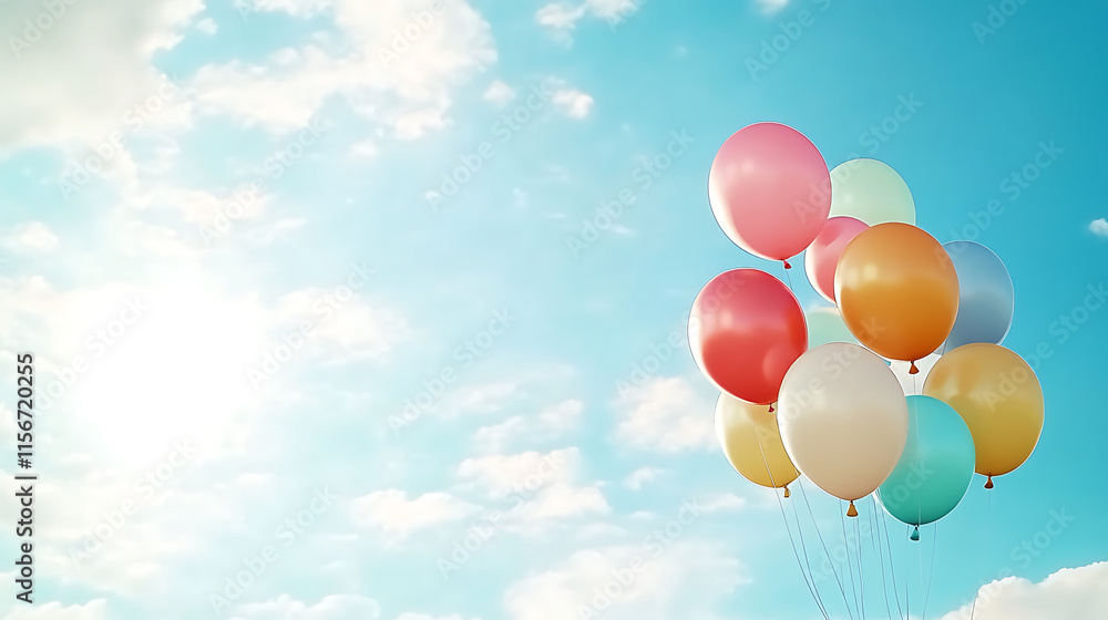 Naklejka premium Vibrant helium balloons in various colors against bright blue sky