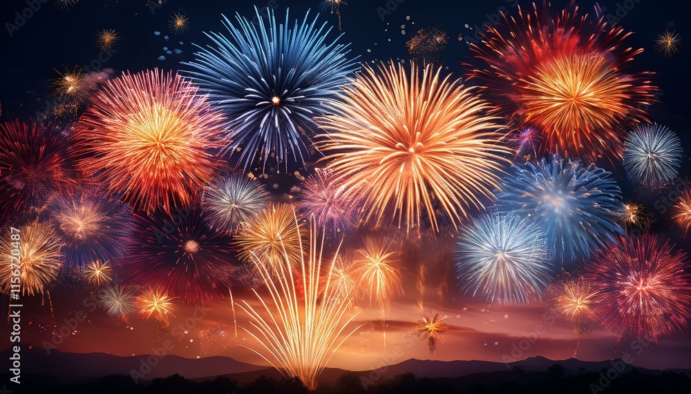 Sylvester, happy new year, new year's eve background banner - Golden firework fireworks pyrotechnics on dark black night sky Sylvester, happy new year, new year's eve background banner - Golden firework fireworks pyrotechnics on dark black night sky