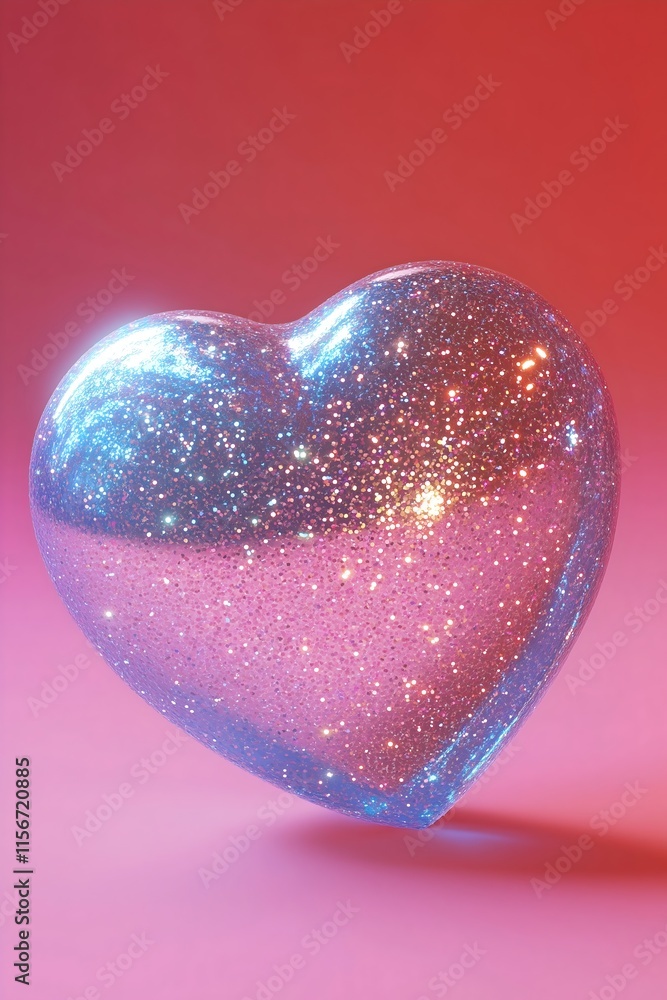 Fototapeta premium Glittering Transparent Heart with Blue and Pink Sparkle on Vibrant Gradient Background - High-Resolution Romantic and Elegant Love-Themed Illustration