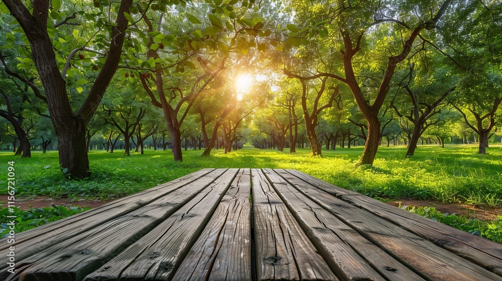 Expansive wooden table in a tranquil plum orchard with flourishing plum trees surrounding it Expansive wooden table in a tranquil plum orchard with flourishing plum trees surrounding it