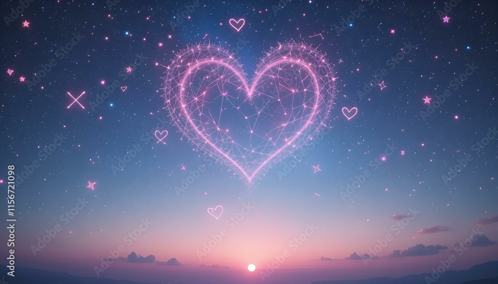 Sparkling heart shaped fireworks in a night sky during sunset for romantic celebrations Sparkling heart shaped fireworks in a night sky during sunset for romantic celebrations