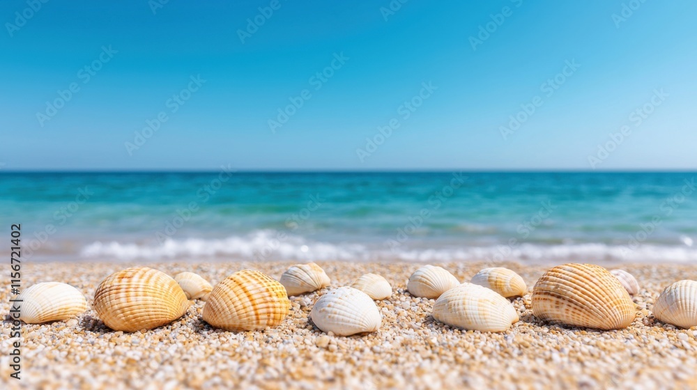 Beautiful Collection of Colorful Seashells on Sandy Beach with Gentle Waves and Clear Blue Sky Creating a Tranquil Scene Beautiful Collection of Colorful Seashells on Sandy Beach with Gentle Waves and Clear Blue Sky Creating a Tranquil Scene