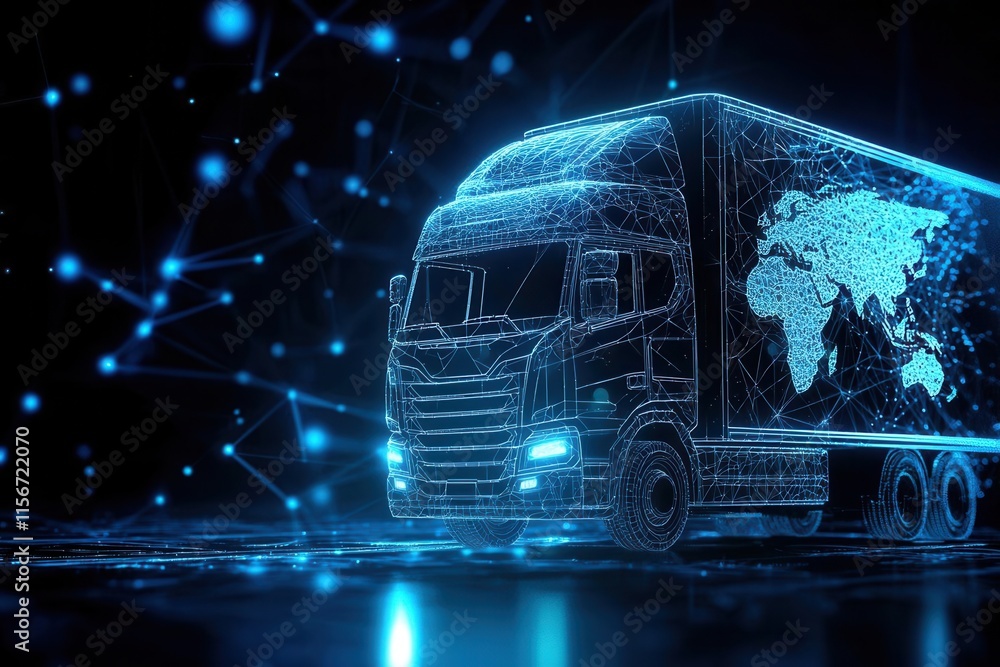 Innovative logistics solutions global transport digital trucking visualization high-tech environment futuristic viewpoint