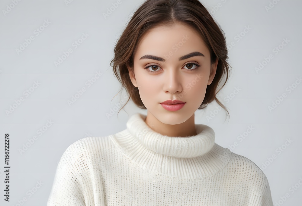 Elegant Woman in a White Sweater, Studio Portrait. Generative AI. Elegant Woman in a White Sweater, Studio Portrait. Generative AI.