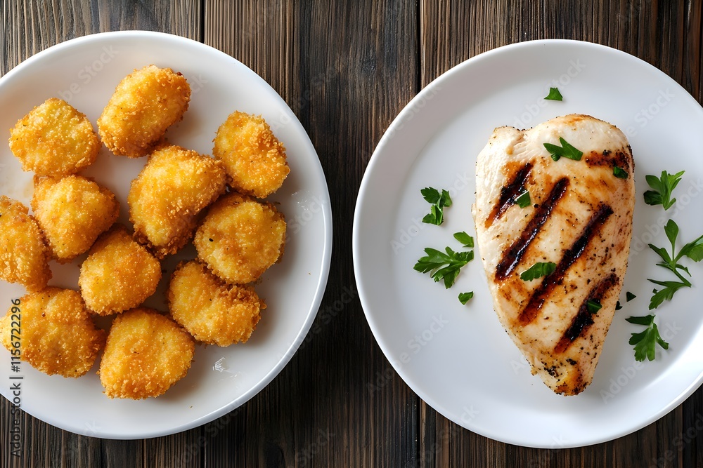 A minimalist setup: Left, oily nuggets on a plate; right, grilled chicken, set on a textured table in a bright, airy kitchen, illustrating the concept of healthy living and eating healthy food A minimalist setup: Left, oily nuggets on a plate; right, grilled chicken, set on a textured table in a bright, airy kitchen, illustrating the concept of healthy living and eating healthy food