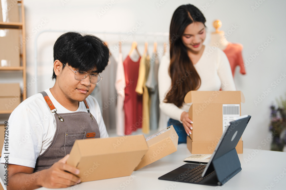 Woman and partner packing and delivering the product to the customer. Online selling business partners working together in the office. Woman and partner packing and delivering the product to the customer. Online selling business partners working together in the office.