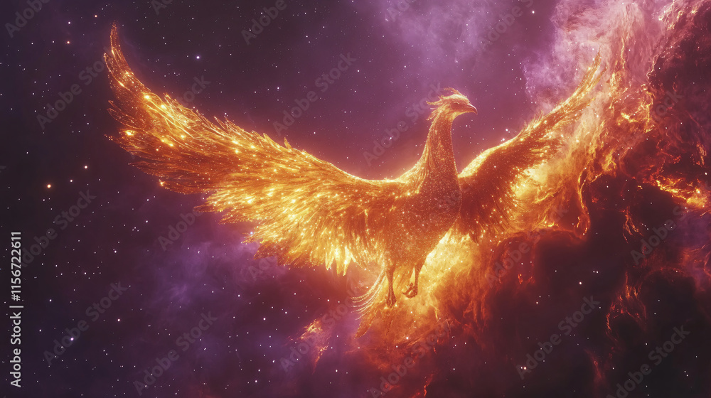Obraz premium Fiery depiction mythical phoenix vivid color glitter sparkling effect soaring majestically through cosmic background fantasy art mystical storytelling wallpaper wall poster bird fly magical fire