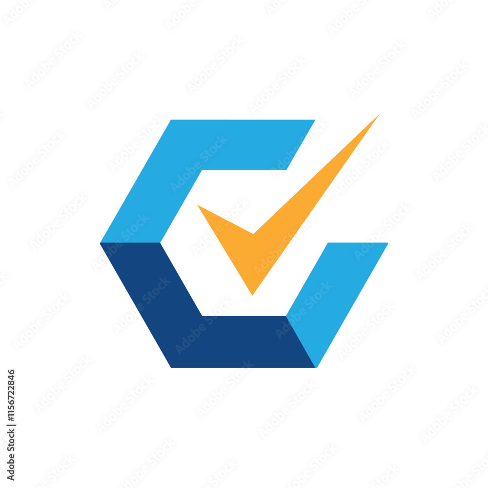 The image shows a flat design of a hexagonal shape in blue color with a yellow check mark on it The image shows a flat design of a hexagonal shape in blue color with a yellow check mark on it