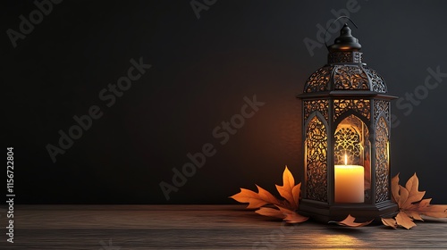 Ornate Lantern with Burning Candle and Autumn Leaves with copy space. A beautifully detailed, black metal lantern with intricate carvings, holding a burning candle, sits amidst scattered autumn leaves photo