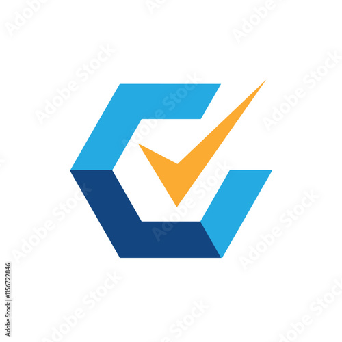 Free Download The image shows a flat design of a hexagonal shape in blue color with a yellow check mark on it - GFXLoad