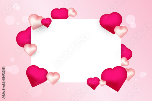 A decorative Valentine-themed design with a rectangular white frame surrounded by pink and red hearts of various sizes, set on a soft pink background with bokeh effects.
