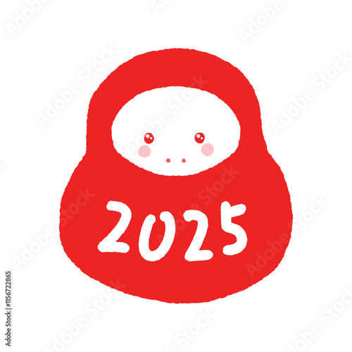 福だるまの着ぐるみを着たかわいいヘビと2025の文字 - 巳年 /2025年の年賀状素材