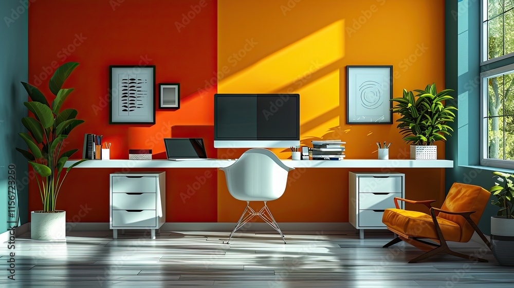 Fototapeta premium flat design, Split scene of an office desk and home desk