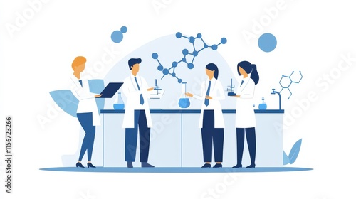 Team of Scientists Collaborating in Laboratory Setting, Engaged in Research with Beakers and Molecules, Showcasing Scientific Innovation and Teamwork in Modern Science Environment
