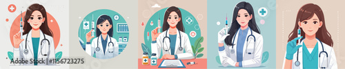Vector collection of characters of a female doctor on duty