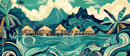 Wallpaper Mural Polynesian Art Style Illustration of Bora Bora Torontodigital.ca