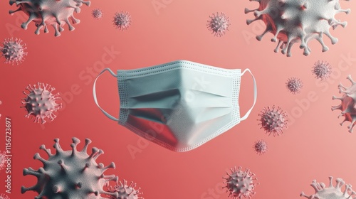 a single face mask floating in the center, surrounded by stylized virus particles, symbolizing urgency, caution, and the global pandemic concept photo