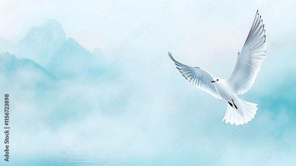 Obraz premium Watercolor animal of a bird soaring over misty mountains nature artwork serene view