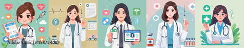 Vector collection of characters of a female doctor on duty