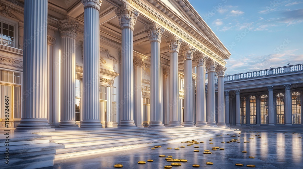 Fototapeta premium Majestic classical building with towering columns and golden leaves at sunset in a serene urban setting