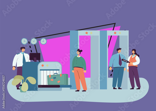 Airport security conducting check of passengers and luggage. Cartoon male and female characters walking through metal detector at gate flat vector illustration. Safe flight, security check concept