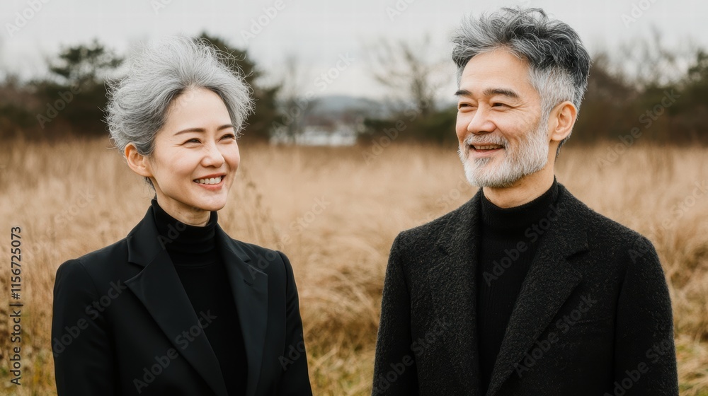 Elegant Mature Couple Smiling in Natural Outdoor Setting Elegant Mature Couple Smiling in Natural Outdoor Setting