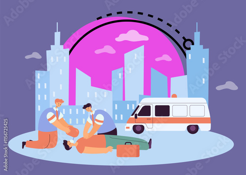 Doctor giving first medical aid to unconscious person after accident with city in background. Medical assistant training how to give cardiopulmonary resuscitation flat vector illustration. CPR concept