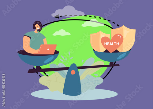 Female employee in stress doing work and health on unbalanced scales. Health care and work conflict flat vector illustration. Work and life balance, imbalance comparison, healthy lifestyle concept