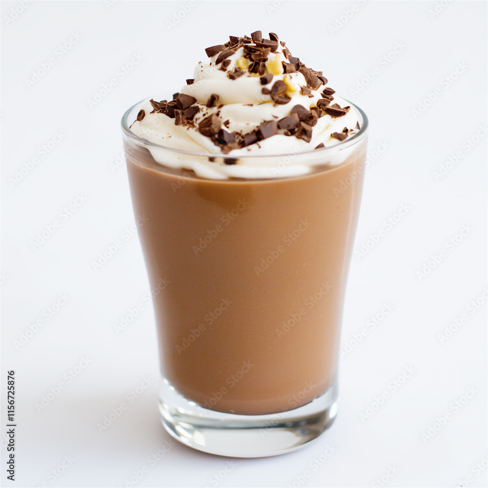 A creamy chocolate milkshake topped with whipped cream and chocolate shavings in a clear glass, captured on a clean, white background. A creamy chocolate milkshake topped with whipped cream and chocolate shavings in a clear glass, captured on a clean, white background.