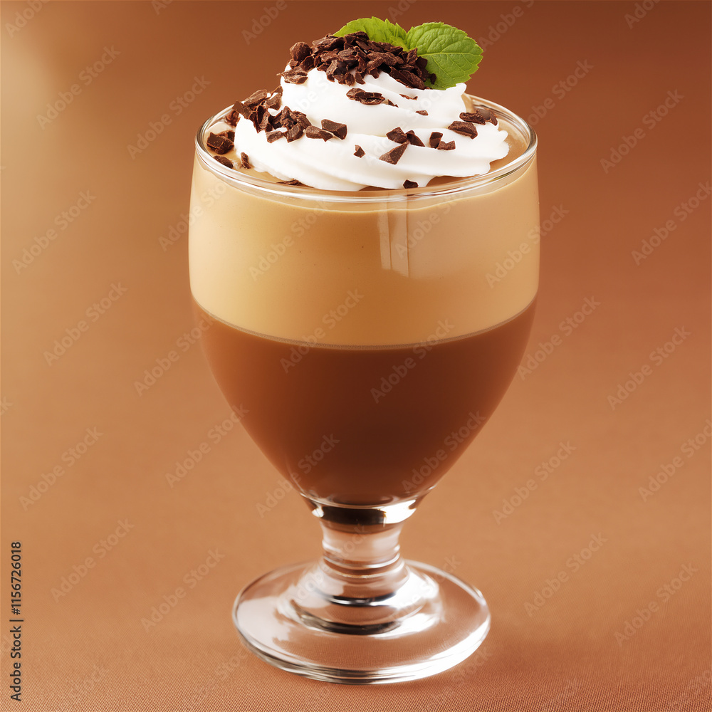 A stylish espresso-based coffee drink topped with whipped cream and a mint leaf served in a transparent glass, placed on a warm brown background. A stylish espresso-based coffee drink topped with whipped cream and a mint leaf served in a transparent glass, placed on a warm brown background.
