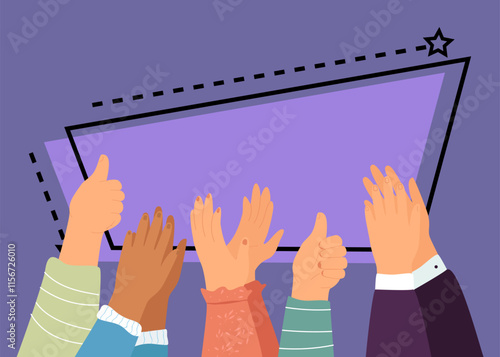 Hands of diverse people showing thumbs up and applauding. Arms of men and women celebrating win, applause, appreciation flat vector illustration. Respect, success, celebration concept for banner