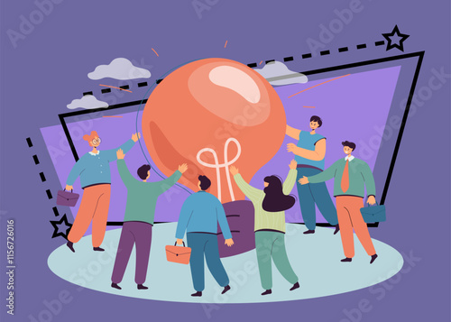 Huge lightbulb and business team vector illustration. Group of business people meeting in office , working on innovations and strategy. Creative idea, new project, startup concept for banners