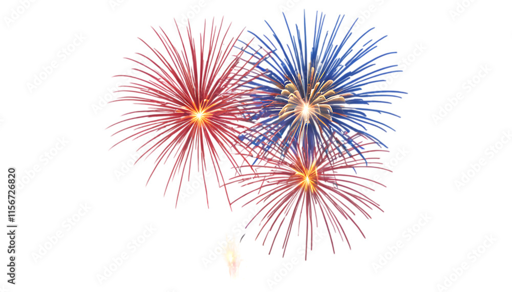 Fototapeta premium Vibrant Fireworks Explode Against a Deep Dark Night Sky. A captivating image of fireworks bursting in red blue and white colors