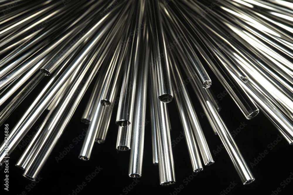 Numerous polished metal tubes radiate outwards, creating a dynamic, starburst-like pattern against a transparent background. Numerous polished metal tubes radiate outwards, creating a dynamic, starburst-like pattern against a transparent background.