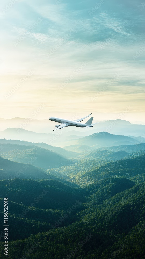 Airplane Flying Over Lush Green Mountains at Sunrise, Showcasing a Beautiful Scenic View of Nature and Sky in Tranquil Atmosphere Airplane Flying Over Lush Green Mountains at Sunrise, Showcasing a Beautiful Scenic View of Nature and Sky in Tranquil Atmosphere