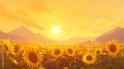 Sunflowers Bloom Goldenly Under Sunset Mountains photo