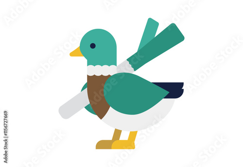 抽象的なカモとネギのイラスト｜シンプルでモダンな鴨葱デザイン ( ベクター素材 デフォルメ )