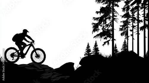 A detailed silhouette of a mountain biker riding along a rugged trail, framed by faint outlines of tall pine trees and a soft gradient sky at sunrise, symbolizing adventure, energy, and exploration.  photo