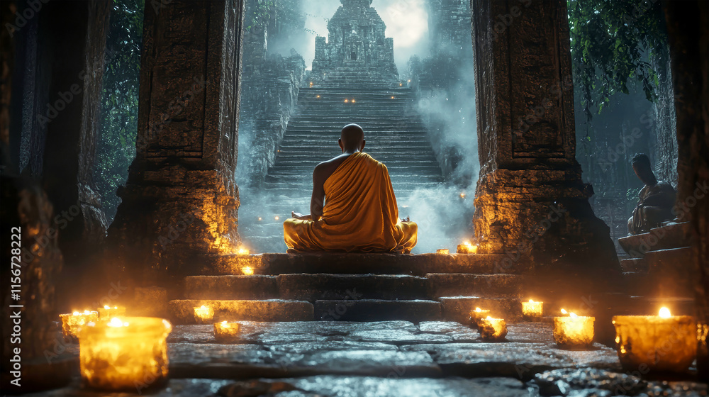 Enchanting meditation of a monk in a mystical temple illuminated by candles in a dark fantasy setting Enchanting meditation of a monk in a mystical temple illuminated by candles in a dark fantasy setting