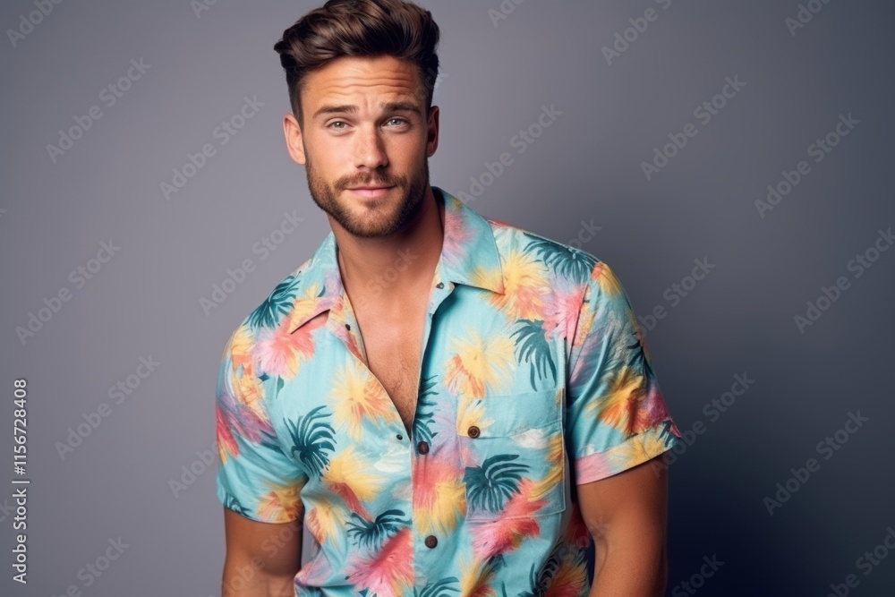 A man in a Hawaiian shirt is smiling for the camera A man in a Hawaiian shirt is smiling for the camera