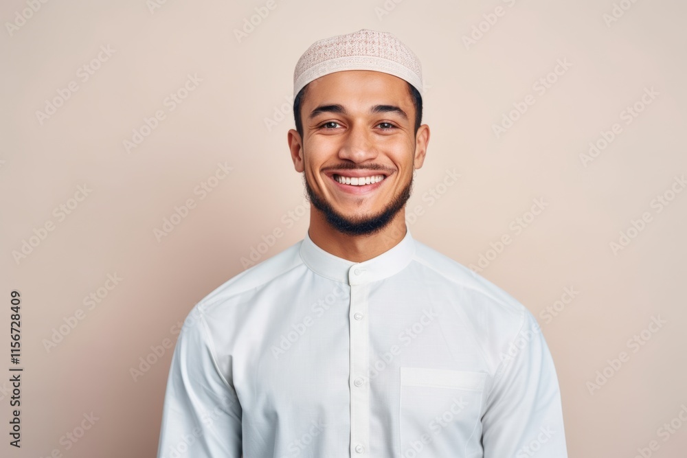 A smiling man wearing a white shirt and a white hat A smiling man wearing a white shirt and a white hat
