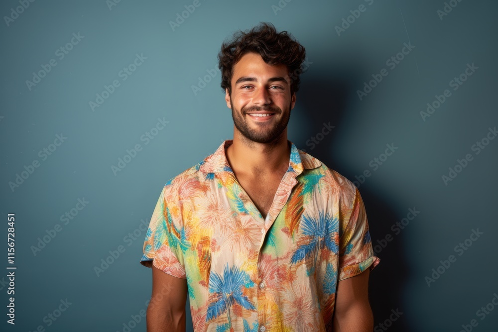 A man is smiling and wearing a colorful Hawaiian shirt A man is smiling and wearing a colorful Hawaiian shirt