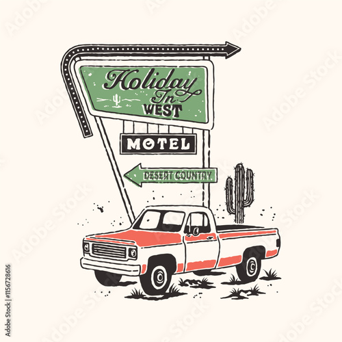 car illustration old graphic desert design cactus badge motel vintage cactus logo western