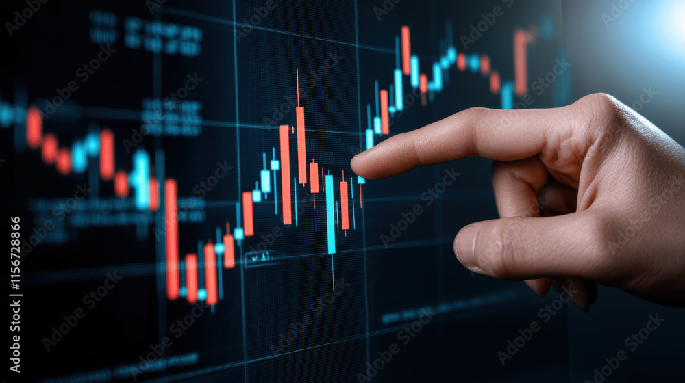 hand pointing at financial chart with candlestick patterns on digital screen hand pointing at financial chart with candlestick patterns on digital screen