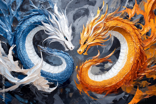 Vibrant dragons intertwine in a dynamic dance against a dark abstract backdrop, showcasing their majestic forms photo