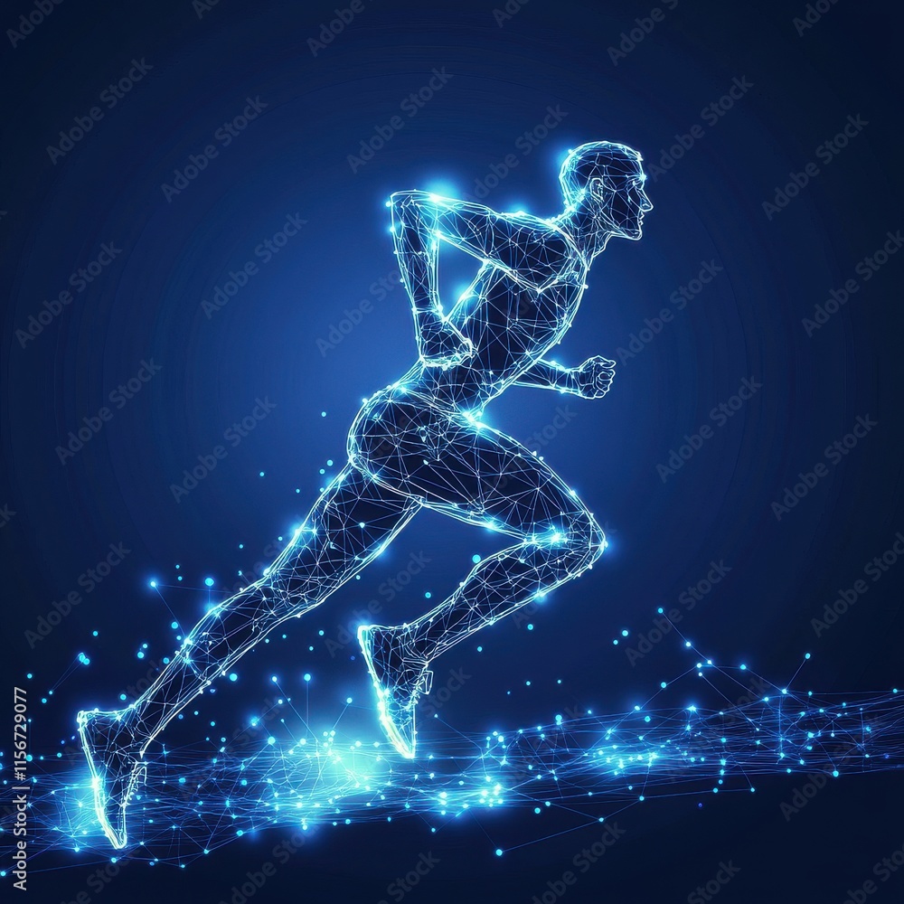 Dynamic male runner in a digital, wireframe style, showcasing speed and movement against a glowing blue background. Dynamic male runner in a digital, wireframe style, showcasing speed and movement against a glowing blue background.